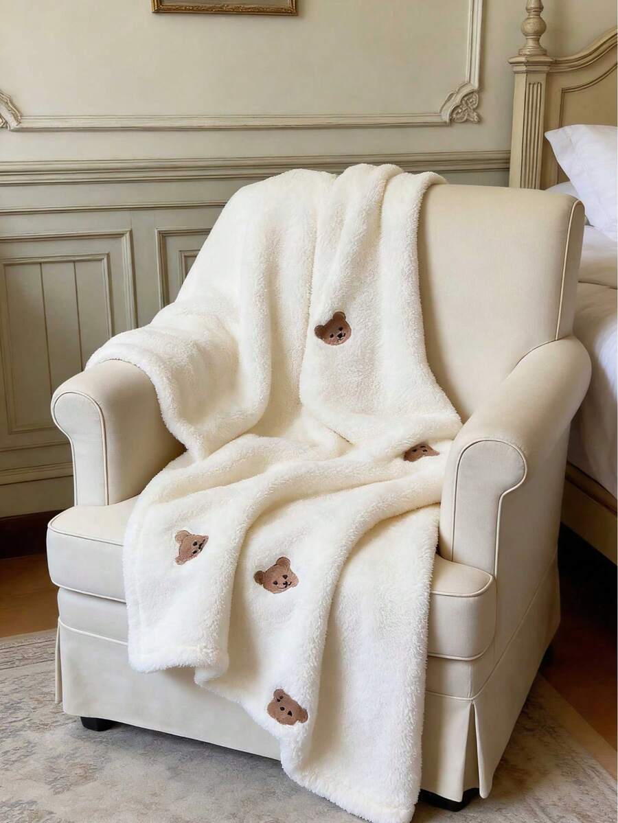 1pc New Baby Blanket, Embroidered Soft Plush Blanket With Cute Bear Design, Suitable For Infants, Toddlers, All Seasons, Portable
