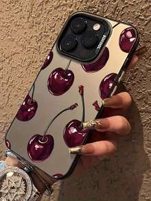 1个创意涂鸦樱桃图案IMD激光手机壳，软边硬背，兼容苹果17、16、15、14、13、12、11 Plus、Pro Max系列手机壳，个性化ins风保护套，时尚美观，简约全包设计。 - 黑色 - 查看 2