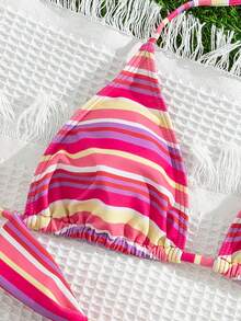 Bộ bikini hai mảnh gợi cảm tối giản dành cho nữ, họa tiết kẻ sọc, kiểu buộc dây cổ, thích hợp cho bãi biển, kỳ nghỉ, hẹn hò, bộ sưu tập mới mùa xuân/hè. - Sọc đỏ hồng - Xem 5