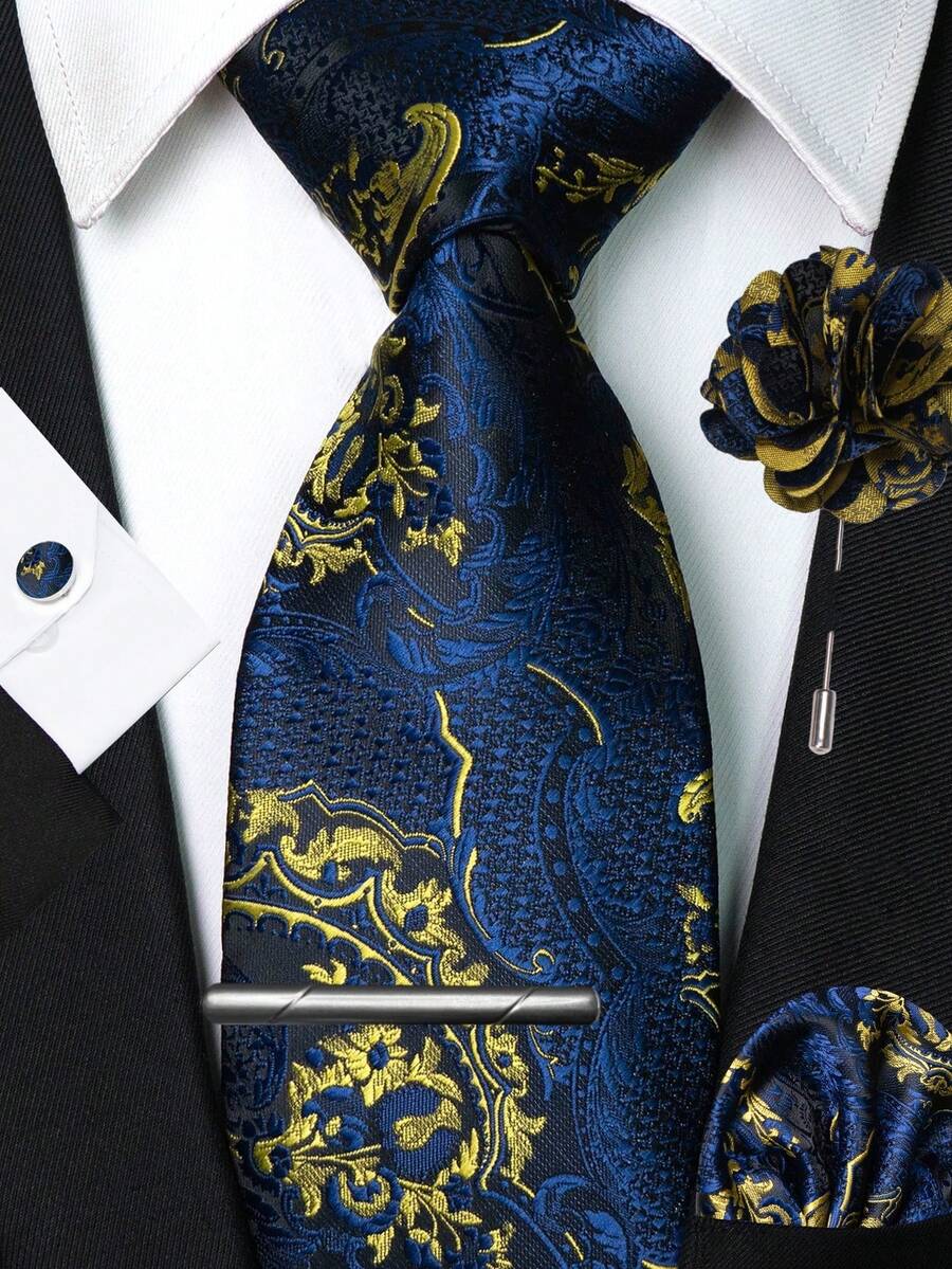 1/2/3/4/5 Pcs Set Navy Blue & Gold Paisley Necktie, Pocket Square, Silver Tie Clip, Cufflinks And Lapel Pin, For Men's Workplace, Business, Meetings, Weddings - Navy Blue - View 1