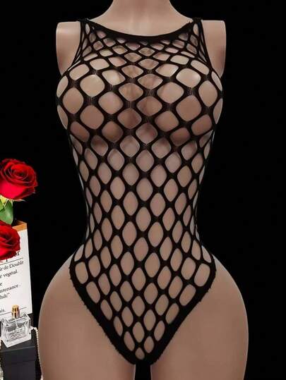 Combinaison sexy et à la mode pour femmes en jacquard ajouré, lingerie transparente en maille une-pièce