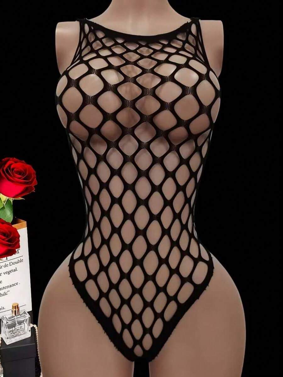 Mono de mujer con diseño de jacquard sexy y transparente, lencería de una pieza de malla transparente - Negro - Ver 1