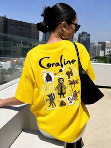 Women's Summer Cartoon And Slogan Graphic Round Neck Short Sleeved T Shirt ,Casual Loose And Versatile Holiday Style Tops,Fashionable Summer Outfits Suitable For Daily Holiday Wear,Halloween Costumes Women,Shalloween Atmosphere,Halloween Caroline And Ghost Graphic-White And Navy Off-The-Shoulder Cropped Top - 黃色 - 查看 3