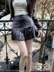 系带褶裥A字裙，高腰显瘦裙，适合娇小身材女性 - 灰色 - 查看 3