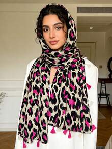 1pc Leopard Print Scarf, Fashion Women's Silk Shawl With Tassels, Versatile Sunscreen Wrap - Hot Pink - View 1