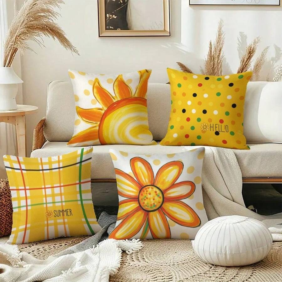 4 pièces Housses de coussin motif soleil et marguerite - 17,7 *17,7 pouces, impression unilatérale, convient pour la ferme, le salon, la chambre à coucher, le canapé, la véranda, le patio, la décoration extérieure, lavable en machine avec fermeture éclair, insert non inclus - Multicolore - Voir 1
