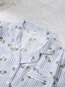 Bộ đồ ngủ 3 món dành cho nữ, chất liệu nhăn, kẻ sọc, in hình cún con. - Màu xanh nhạt - Xem 3