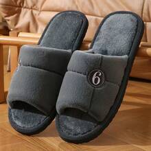 Fashionable New Comfortable Couple Slip-On Slippers, Warm Plush Closed Toe Slippers With Numeric Logo - Men's Slippers - View 11