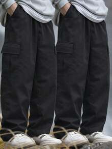 2pcs Tween Boys Casual Sports Outdoor Cargo Pants With Big Pockets, Spring/Autumn - Black - View 6