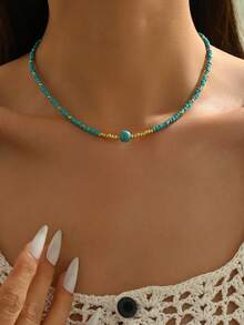 1pc Vintage Turquoise Beaded Multi-Layer Necklace, Perfect For Beach Days Or Music Festivals, Great Mother's Day Gift - Golden Green - View 5
