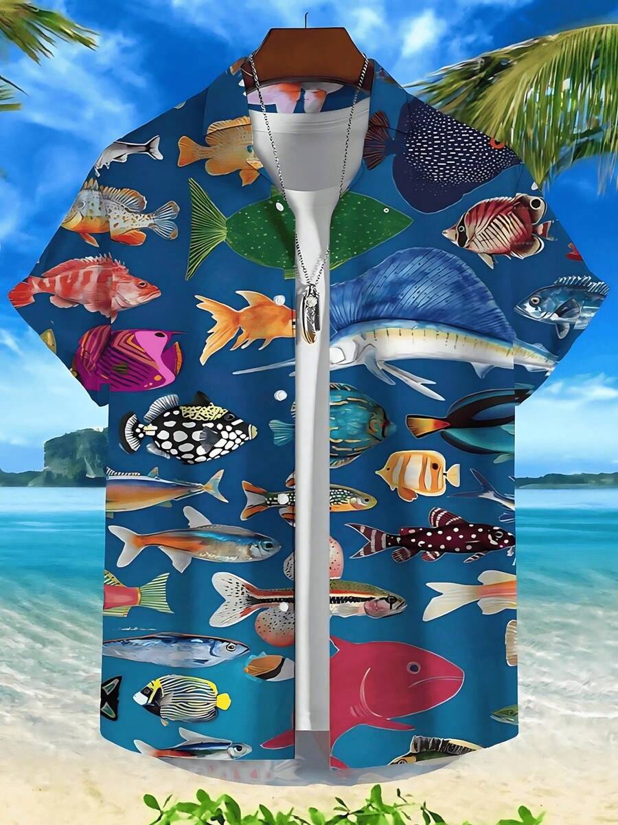 3d Fish Print Hawaiian Shirts For Men New Men's Shirt Casual Unisex Clothing Summer Quick Dry Short Sleeve Shirt Tops - A508D-AL23156 - Xem 1