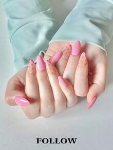 10片手工亚克力美甲贴片，短款美甲贴片，杏仁形美甲，粉色美甲，甜美柔和，法式美甲，波点美甲，闪粉美甲，可爱美甲，价格实惠，美甲用品，可重复使用美甲套装，含美甲工具，适合日常通勤、派对和办公场合送礼 - 粉色 - 查看 3