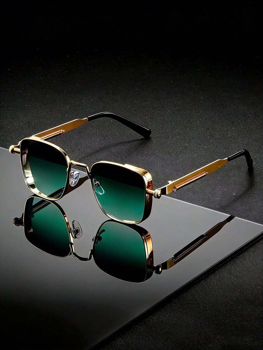 Gafas de moda con marco dorado retro y lentes verdes, con diseño de bisagras de resorte, adecuadas para hombres y mujeres, disponibles en varios colores, aptas para uso diario - Multicolor - Ver 1