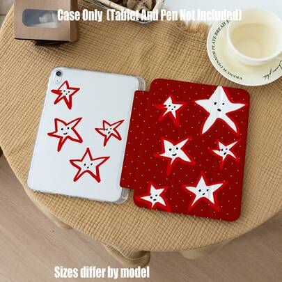 حافظة أكريليك ثلاثية الطي شفافة مع فتحة للقلم عالية الوضوح ومقاومة للصدمات | حامل ثلاثي الطي | تخزين فتحة القلم | حماية كاملة رفيعة | فتحات دقيقة. متوافقة مع iPad Mini 4/5/6/7، 5/6/8/9/10/11، Air 3/4/5/6/7، Pro 10.5/11/12.9/13 بوصة. متوافقة مع Galaxy Tab S6Lite/S7/S8/S9/S10/FE/Plus/A8/A9Plus جميع الموديلات. خلفية بورجندي قديمة مع نقاط بيضاء صغيرة ونجوم مبتسمة مرسومة باليد. يناسب حافظة أكريليك ثلاثية الطي شفافة مع فتحة للقلم، لطيفة واحتفالية.