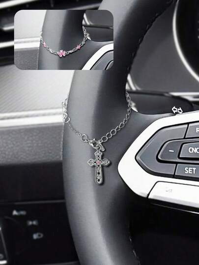 Mặt dây chuyền bạc đính đá hình thánh giá và hoa anh đào, trang trí xe hơi, thiết kế sang trọng và độc đáo, vòng tay thanh lịch dành cho phụ nữ.