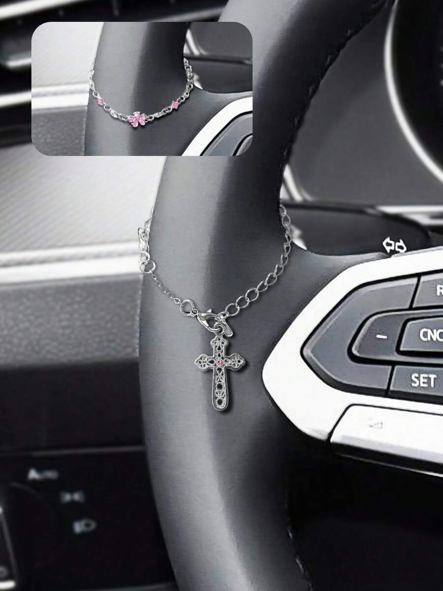 Braccialetto da donna con croce a forma di cuore in argento, gioiello d'argento di stile dolce e design di nicchia per decorazione auto - Amore - Visualizzare 1