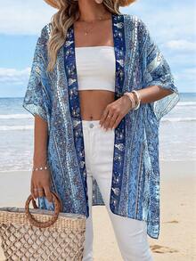 Summer Kimonos For Women Boho Floral Short Sleeve Flowy Cardigans Swimsuit Beach Cover Ups For Women - Bản in màu xanh - Xem 6