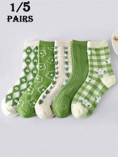 1/5 双女士碎花菱形图案提花心形纹理中筒袜，甜美百搭，适合日常穿着（5 双中款式随机）