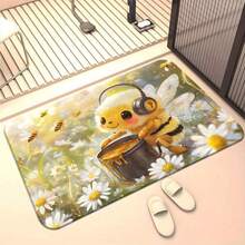 Cute Bee Pattern Printed Non-Slip Door Mat, Absorbent Mat For Bathroom, Bedroom, Living Room, Entrance, Camping, Picnic, Yoga - Adorable Cartoon Bee Design With Daisies And Honey Pot, Bedroom Decor Mat |   Whimsical Home Decor |   Machine Washable Mat, Washable Area Mat - 圓角 - 查看 6