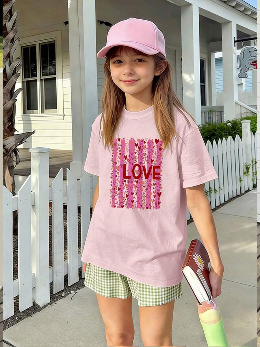 Pink Heart Graphic Tween Girls' Casual Summer T-Shirt, Suitable For Children And Teenagers - Pink - View 1