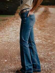Women's Fashion Back Pocket Embroidered Flare Stretch Jeans - 中藍色 - 查看 7