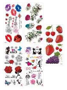 5张玫瑰、字母、花朵、草莓、心形、猫嘴、心形、蝴蝶图案临时纹身贴纸，黑色玫瑰图案，逼真耐用防水假纹身贴纸，适合女性，手臂素描纹身贴纸，适合日常妆容、节日、派对 - 彩色 - 查看 11