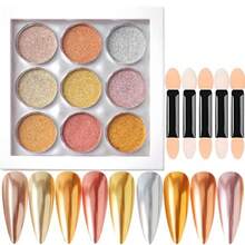 Metallic  Nail Art Powder Set 9 Colors Gold Silver Rose Gold Solid Magic Mirror Effect Pigments Nail Glitter Powder With Brushes For Nail Supplies Manicure - 金色,銀色,玫瑰金,香檳色,紅色 - 查看 1