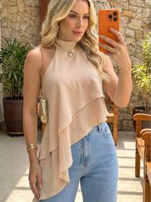 Women's Asymmetrical Cropped High Neck Halter Top With Layers And Neck Tie - Boho Chic, Casual, Elegant,  Autumn/Winter Fashion - 裸體 - 查看 3