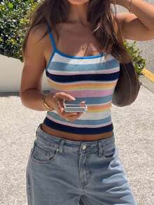 Live To Mo 女士夏季休闲彩虹条纹印花吊带针织上衣，蓝色针织衫，适合海滩度假 - 藏藍白條紋 - 查看 1