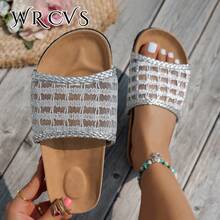 WRCVS Sandalias planas tejidas plateadas para mujer, chanclas de una tira hueca y transpirable, zapatos de playa con suela de corcho antideslizante, calzado de estilo bohemio para vacaciones - Plateado - Ver 2