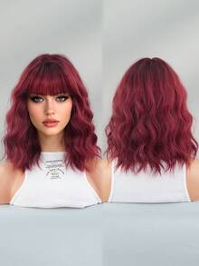 7JHH WIGS Tóc giả ngắn gợn sóng màu đỏ rượu vang ombre có mái cho nữ, dài 12 inch, tóc giả xoăn gợn sóng ngắn với chân tóc tối màu, tóc giả tổng hợp tự nhiên chịu nhiệt, thích hợp cho hóa trang hàng ngày, phụ kiện tóc giả cho lễ hội âm nhạc và tiệc tùng. - Màu Đỏ Sâu - Xem 5