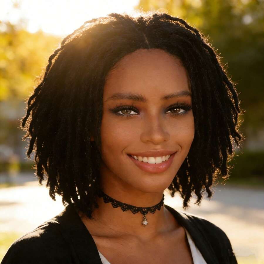 12英寸V型辫子假发，短款黑色卷曲合成辫子假发 - 黑色 - 查看 1