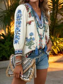 Women's High-End Bohemian Floral Embroidery Blouse With Tassel Ties & Puff Sleeves - Best-Selling Artistic Top For Festival Looks, Casual Gatherings, Daily Elegance & Boho-Chic Outings, Multicolor Floral Print V-Neck Shirt For Women - 米色 - 查看 3