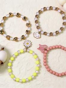 Bộ 4 vòng tay hình bướm, trái tim, mặt cười, đính ngọc trai và hoa cúc, phụ kiện trang sức cho bé gái, quà tặng. - Nhiều màu - Xem 4