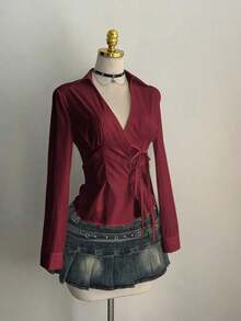 Sexy Collared Side Lace-Up Waist Slim Fit Long Sleeve Blouse For Women - Burgundy - View 6