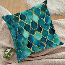 [Geometric Pillow Cover] Deep Teal Blue-Golden Geometric Pillow Cover 1pc 18x18 Inch, Soft Polyester, Zipper Closure, Machine Washable, Contemporary Style For Home, Office, Living Room, Car Decor (Cover Only) - 1PC - View 3