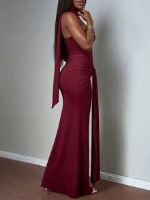 Valentine's Day, Date Night Outfit, Gifts For Her Women's Elegant Burgundy Maxi Dress With Strapless Beaded Corset Bodice, Choker Neckline And Draped Front Sash For Party, Evening Wear - Màu Đỏ Sâu - Xem 6