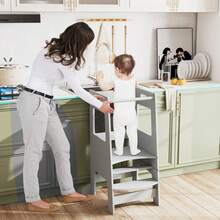 COSTWAY Toddler Kitchen Step Stool, Children Standing Tower With Activity Chalkboard, Adjustable Height And Safety Rail, Wooden Kitchen Stool Helper For Kids 3+, Grey - Grey - View 2