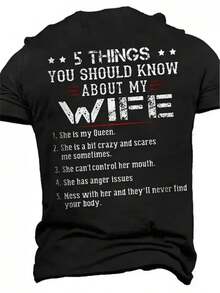 Camiseta Estampada "5 Cosas Sobre Mi Esposa" - Algodón negro casual, diseño divertido y con humor, llamativo texto blanco con textura vintage, adornos de estrellas - Regalo perfecto para esposos y parejas, ropa divertida para uso diario - Camiseta unisex de manga corta, cuello redondo, de algodón suelto, estilo vintage urbano. - Negro - Ver 1