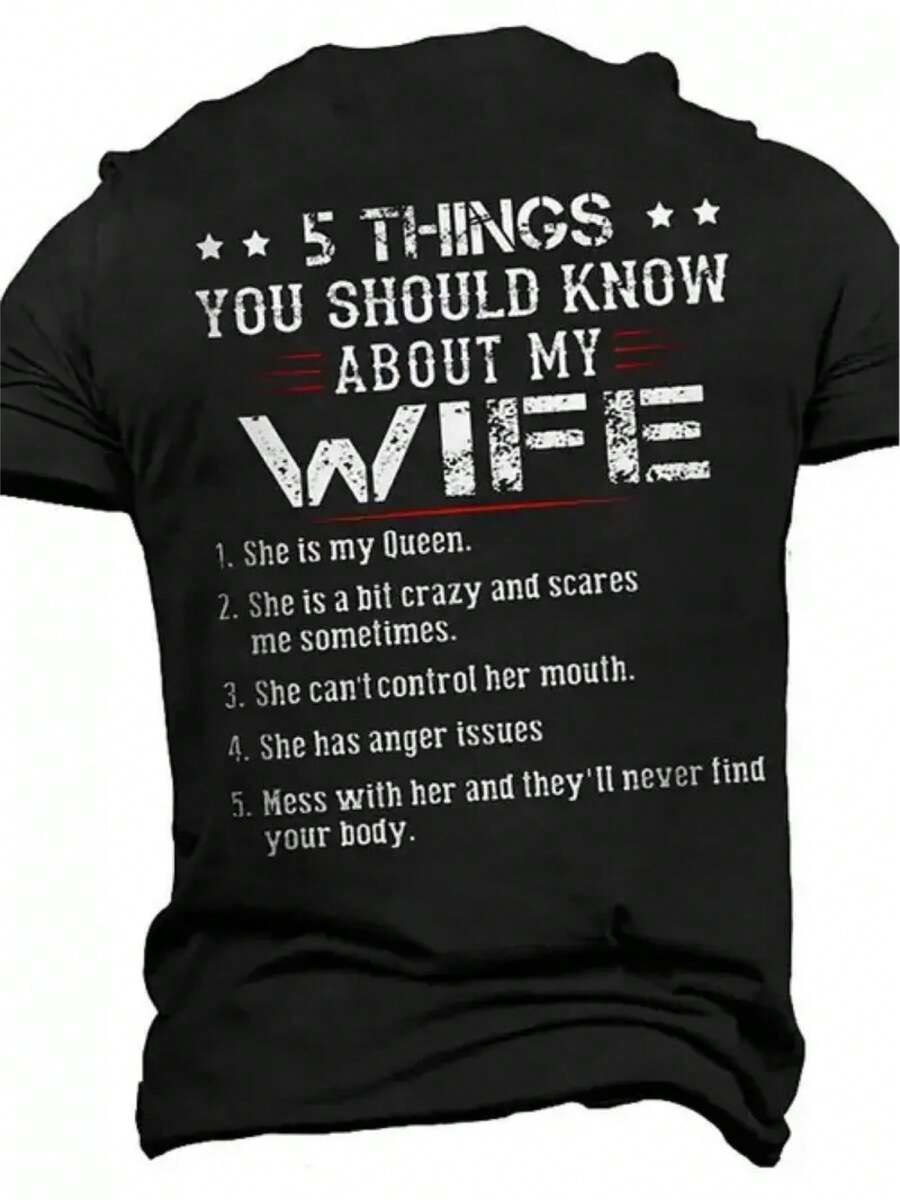 Camiseta Estampada "5 Cosas Sobre Mi Esposa" - Algodón negro casual, diseño divertido y con humor, llamativo texto blanco con textura vintage, adornos de estrellas - Regalo perfecto para esposos y parejas, ropa divertida para uso diario - Camiseta unisex de manga corta, cuello redondo, de algodón suelto, estilo vintage urbano. - Negro - Ver 1