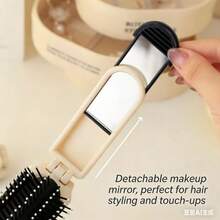 1 pieza Peine plegable de color crema con espejo incorporado, accesorio de herramienta de peluquería, portátil para viajes, vuelta al colegio, vacaciones, accesorios para el cabello de mujer - Peine con cojín de aire - Ver 7