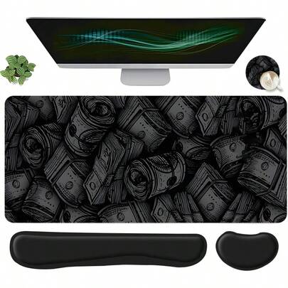 Bộ 4 tấm lót chuột chơi game cỡ lớn thiết kế họa tiết cuộn tiền đơn sắc, bao gồm kê cổ tay bàn phím, kê cổ tay chuột công thái học và đế lót ly, thảm trải bàn máy tính cỡ lớn có hỗ trợ cổ tay, lý tưởng cho văn phòng tại nhà, chơi game và trang trí bàn làm việc.