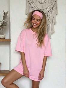 Women's Oversize Round Neck Short Sleeve Spring Summer Tee, Unisex Loose Fit Vintage Street Style Cotton Printed Top For Couples, 100% Cotton - 粉色 - 查看 3