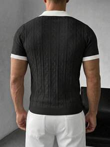 GRDR Camisa polo de punto de manga corta con cuello, de ajuste ceñido, con estampado de argyle y parches, de estilo casual y elegante, para hombre, para primavera/verano - Negro - Ver 2