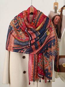 1pc Geometric Patchwork Balinese Chiffon Tassel Print Scarf - Multicolor - View 5