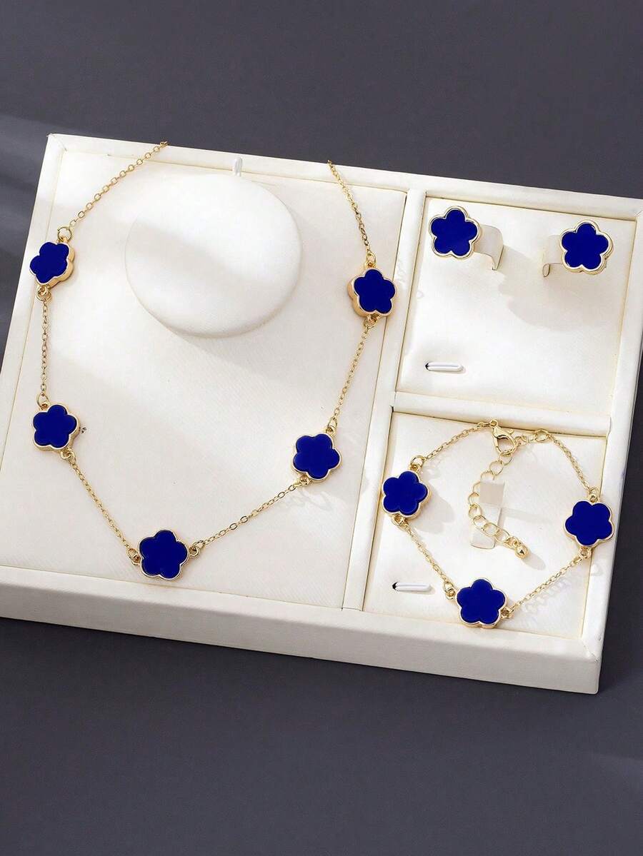 Bộ trang sức 4 món thiết kế hình cỏ ba lá may mắn thanh lịch, thời trang, gồm dây chuyền, vòng tay và bông tai, màu vàng và xanh dương, phù hợp cho phụ nữ đeo hàng ngày, món quà tuyệt vời nhất cho Ngày Valentine, bạn gái, mẹ. - Màu xanh lam - Xem 1