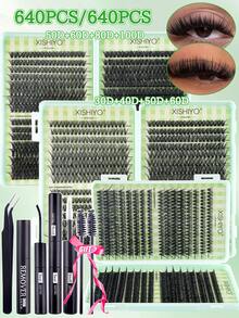 Bộ 640 sợi mi giả dạng chùm, mi giả dày và cong, độ cong D-Curl 8-16mm, nhiều độ dài khác nhau, bộ tự làm mi giả, mi giả mềm mại, tạo hiệu ứng trang điểm mắt bướm Y2K tự nhiên và dày dặn, dễ dàng tự làm tại nhà, keo dán mi lâu trôi, dung dịch tẩy mi, nhíp, mi giả dạng chùm (30D+40D+50D+60D/50D+60D+80D+100D) - Nhiều màu - Xem 2