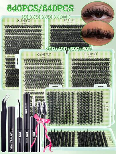 Bộ 640 sợi mi giả dạng chùm, mi giả dày và cong, độ cong D-Curl 8-16mm, nhiều độ dài khác nhau, bộ tự làm mi giả, mi giả mềm mại, tạo hiệu ứng trang điểm mắt bướm Y2K tự nhiên và dày dặn, dễ dàng tự làm tại nhà, keo dán mi lâu trôi, dung dịch tẩy mi, nhíp, mi giả dạng chùm (30D+40D+50D+60D/50D+60D+80D+100D)