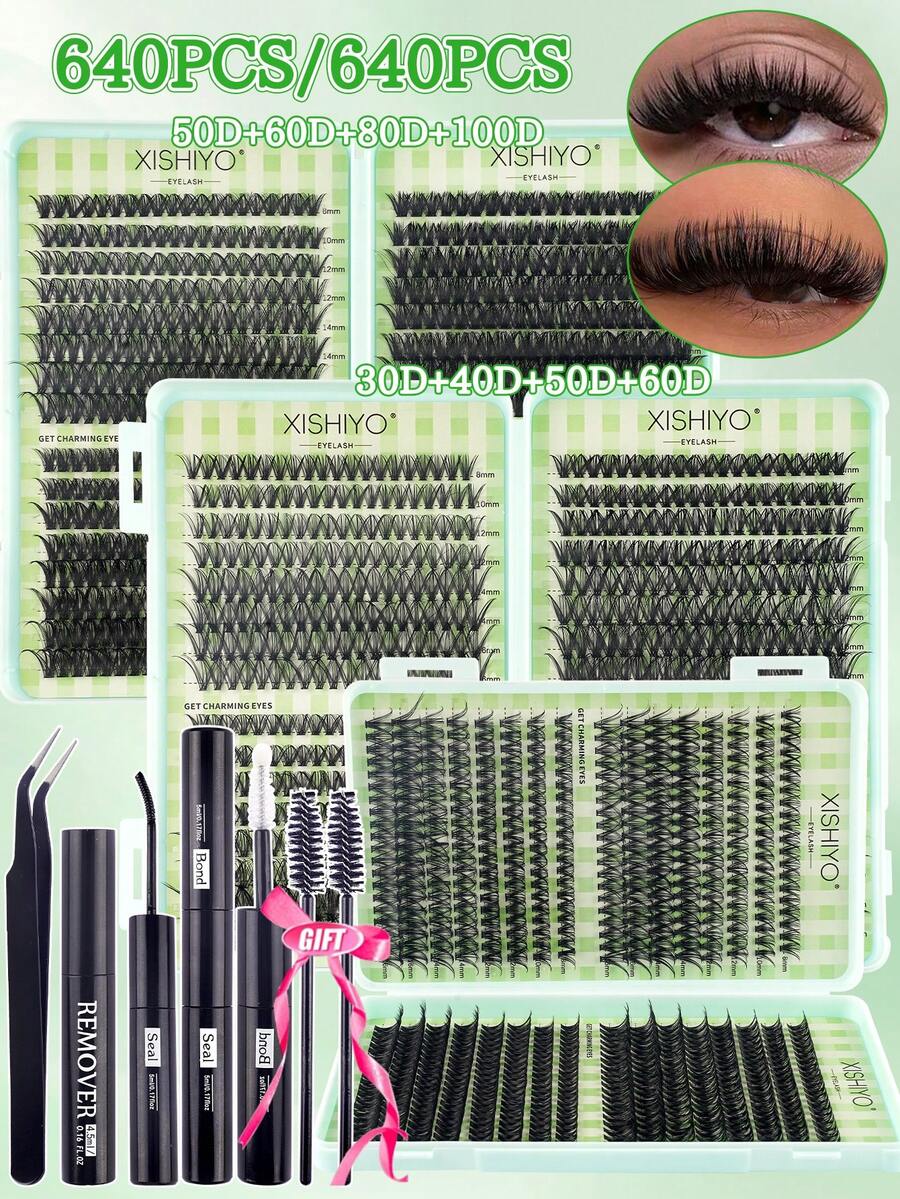 Bộ 640 sợi mi giả dạng chùm, mi giả dày và cong, độ cong D-Curl 8-16mm, nhiều độ dài khác nhau, bộ tự làm mi giả, mi giả mềm mại, tạo hiệu ứng trang điểm mắt bướm Y2K tự nhiên và dày dặn, dễ dàng tự làm tại nhà, keo dán mi lâu trôi, dung dịch tẩy mi, nhíp, mi giả dạng chùm (30D+40D+50D+60D/50D+60D+80D+100D)