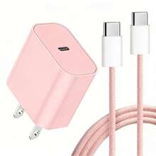 20W USB-C 旅行充电器，墙式快速充电器适配器，配备 1 条 6.6 英尺/3.3 英尺尼龙编织 USB-C 转 Type-C 数据线，兼容 17/16/15/Pro/Pro Max，便携式 Type-C 墙式充电器，兼容三星 Galaxy S25/S24/S23/S22/S21，PD 20W 快速充电，粉色 - 美規A型插(110-127V) - 查看 1